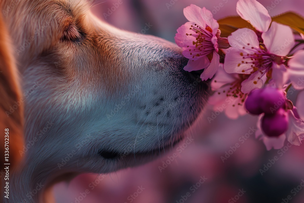 Golden retriever enjoys the fragrance of cherry blossoms during springtime