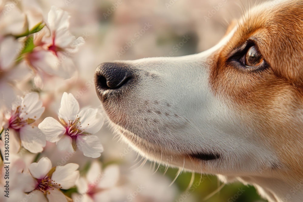 Corgi admires blooming cherry blossoms in a peaceful garden during springtime