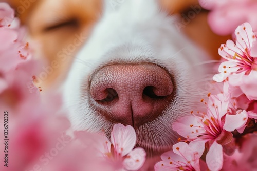 Obraz na płótnie Dog peacefully resting among blooming pink flowers in a serene outdoor setting during springtime w salonie