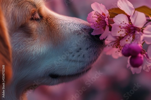 Obraz na płótnie Golden retriever enjoys the fragrance of cherry blossoms during springtime w salonie