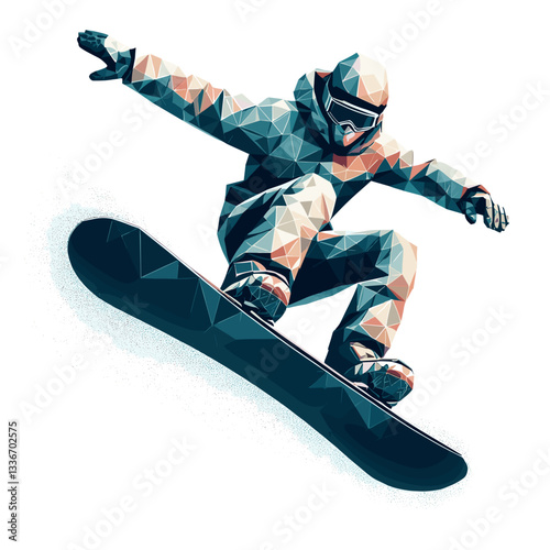 Snowboarder jumping in mid-air steely geometric art styles.
