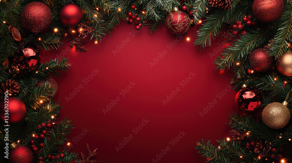festive Christmas border featuring lush green pine branches adorned with red and gold ornaments, twinkling lights, and pine cones, creating warm and joyful atmosphere festive Christmas border featuring lush green pine branches adorned with red and gold ornaments, twinkling lights, and pine cones, creating warm and joyful atmosphere