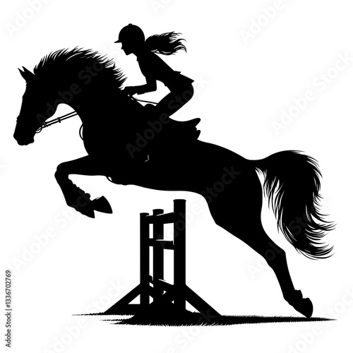 Rider jumping horse over fence