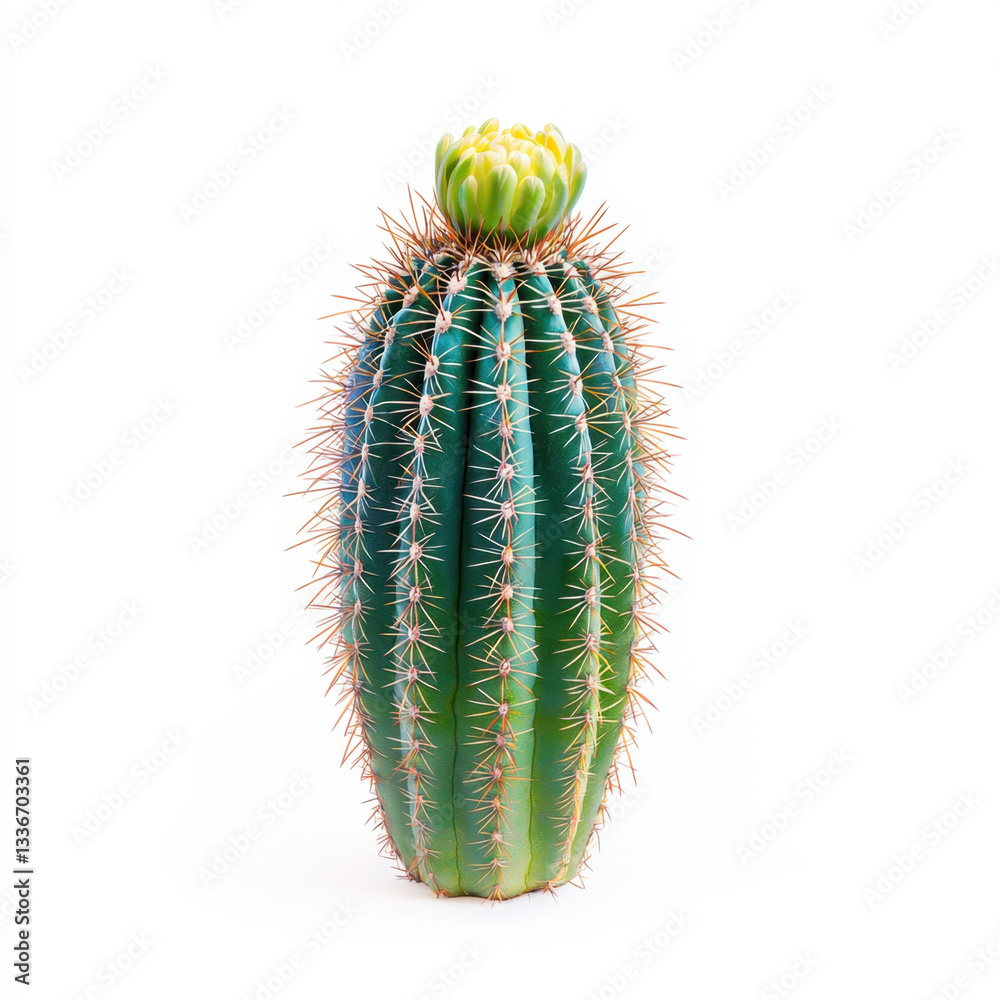Naklejka premium A vibrant cactus plant with beautiful green spines and colorful flowers set against a soft background for creative copy space to highlight nature's unique beauty