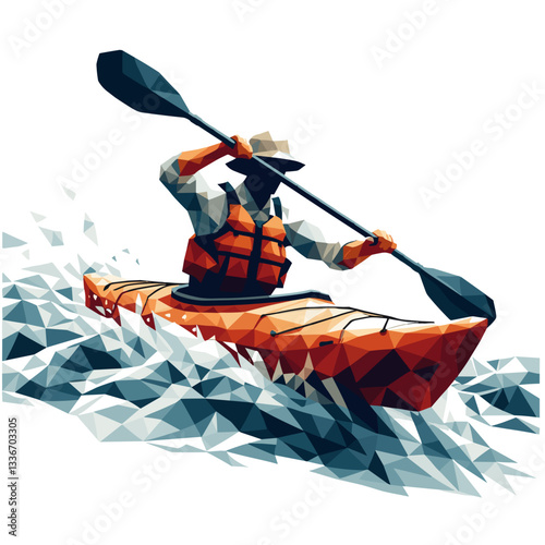 Person paddling red kayak through waves.