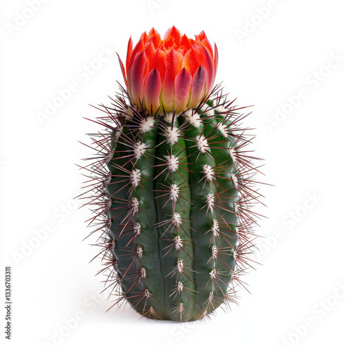 A unique cactus featuring a bright red flower captured in a realistic photography style with ample copy space for textual content emphasizing nature's wonders