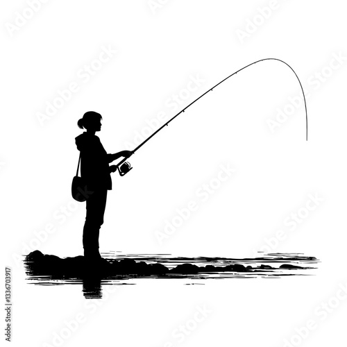 Silhouette of fisherman casting rod by water
