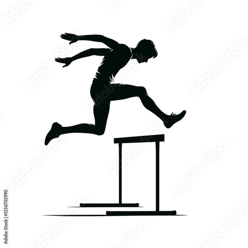 Athlete jumping over hurdle during track event. 