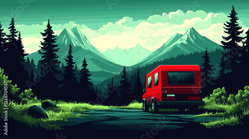 Red van traveling through forest on mountainous background.