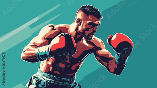 Boxer punching fiercely against teal background.