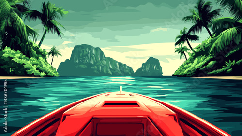 Tropical boat scene in vivid colors depicting vacation.
