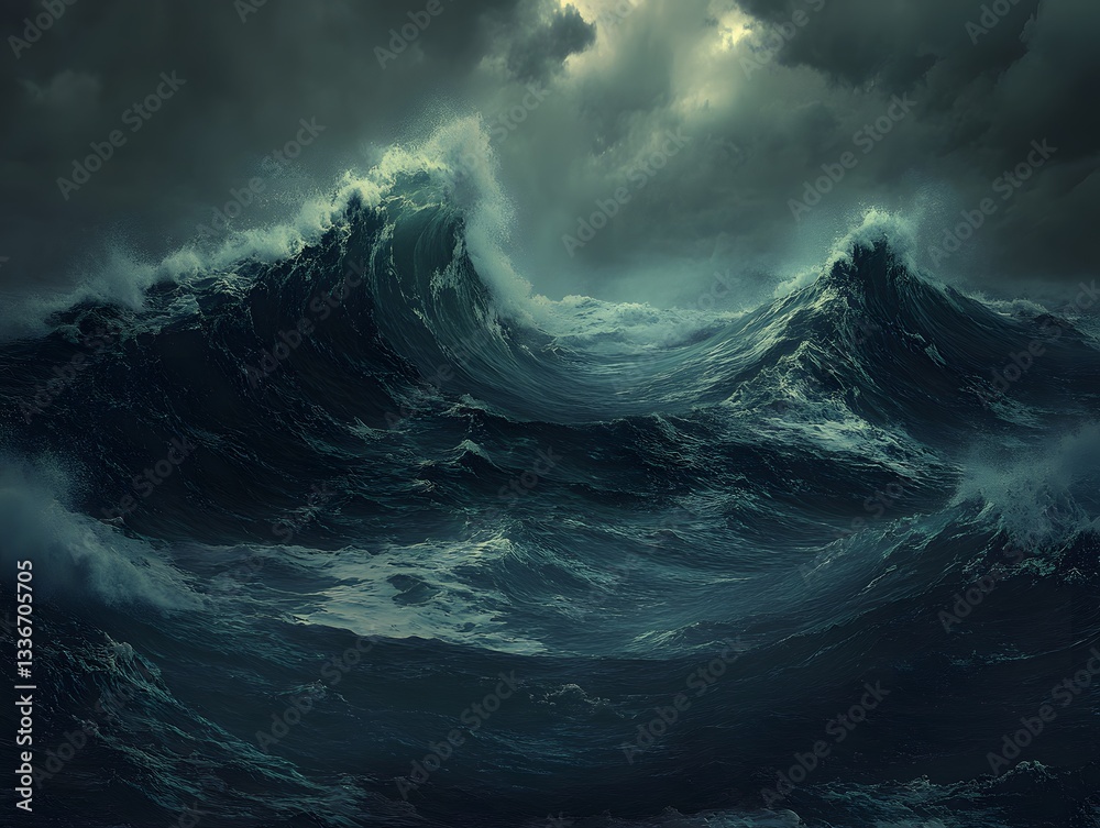Crashing Ocean Waves Under Dark Stormy Sky with Dramatic Lighting Crashing Ocean Waves Under Dark Stormy Sky with Dramatic Lighting
