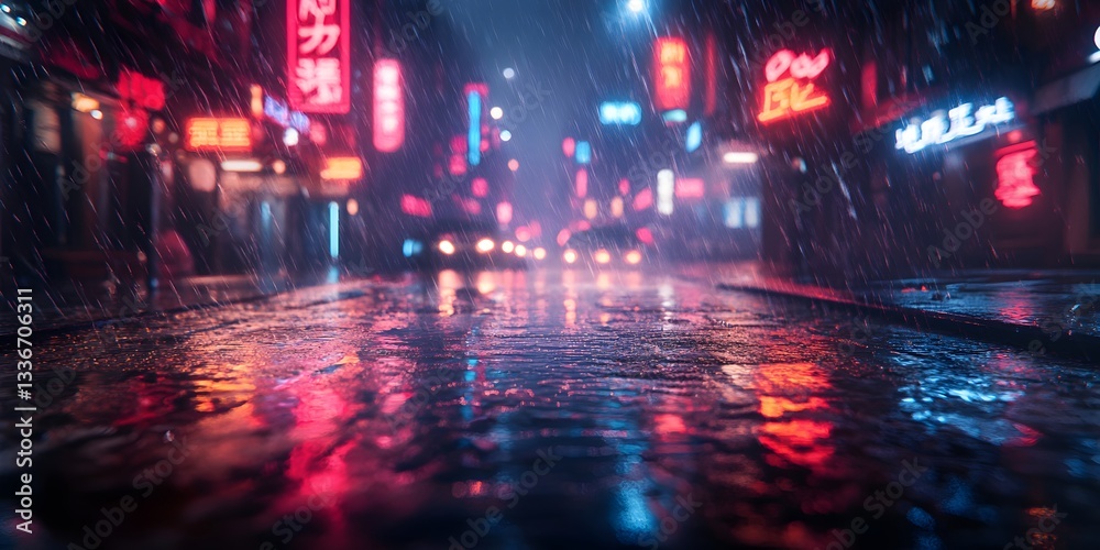 Neon Rain on City Streets: A mesmerizing cityscape illuminated by vibrant neon signs reflecting on wet streets under a downpour. Neon Rain on City Streets: A mesmerizing cityscape illuminated by vibrant neon signs reflecting on wet streets under a downpour.