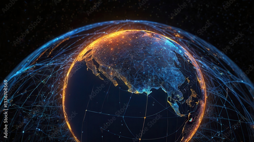 Fototapeta premium Global Network Connection Illuminated Earth with Digital Pathways