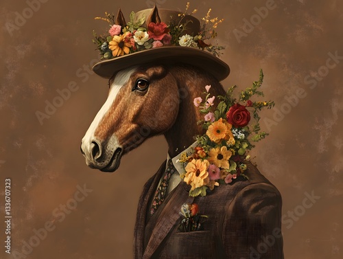 Dapper Horse Wearing Hat and Suit Adorned with Colorful Flowers photo