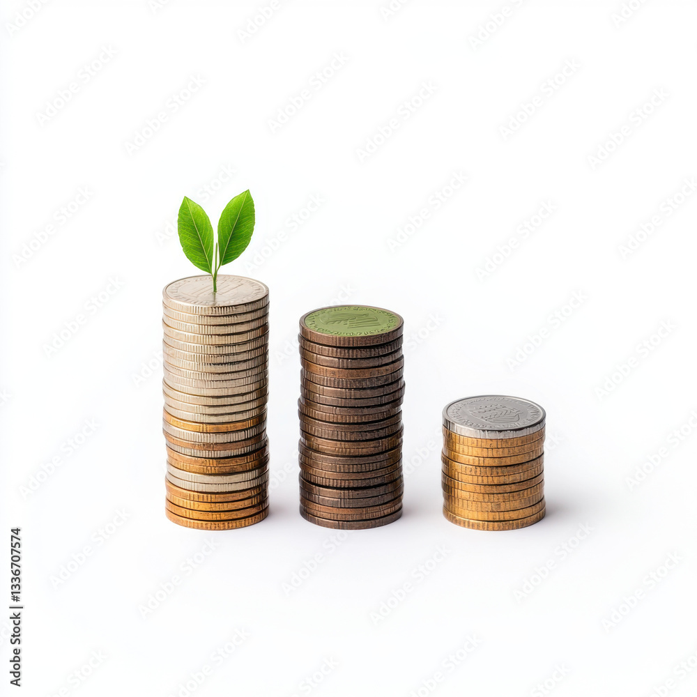 A green plant emerging from a stack of coins symbolizing financial growth and prosperity in a business environment with focus on investment and economic development concepts