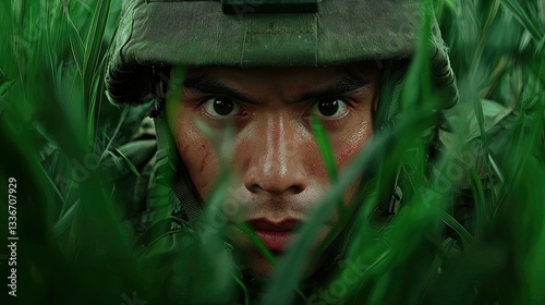 A focused soldier peering through lush green grass, showcasing determination and readiness in a military setting.