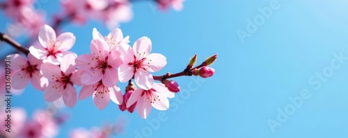 Spring cherry blossoms on blue sky branch with delicate petals, blossomy branches, blossoming flowers, nature