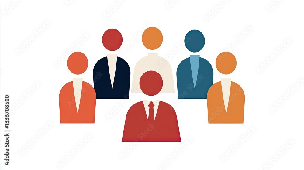 Colorful illustration of a business team with diverse figures representing collaboration, diversity, and networking in a professional setting. Colorful illustration of a business team with diverse figures representing collaboration, diversity, and networking in a professional setting.