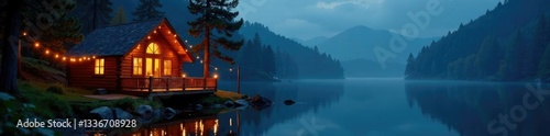 Twinkling fairy lights in a cozy cabin by the lake, cozy, lake, peaceful