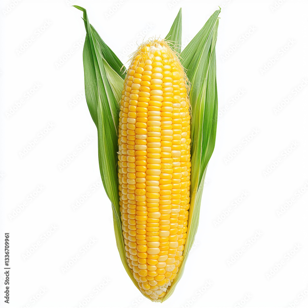 Obraz premium High-quality realistic photography of a fresh ear of corn emphasizing its texture and sweetness with copy space for text or design elements to enhance visual appeal