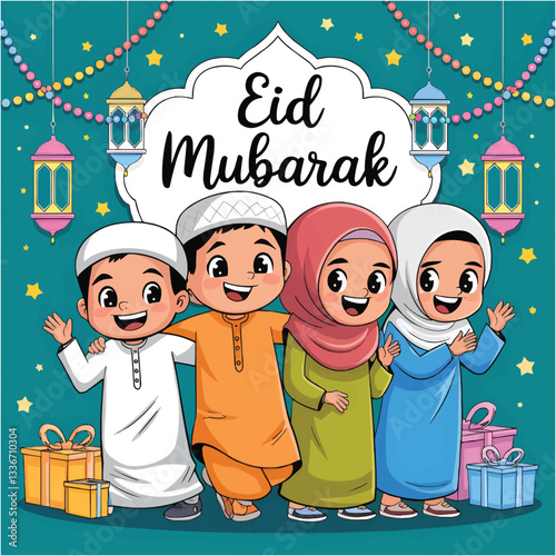 Muslim family, Eid Mubarak cartoon illustration