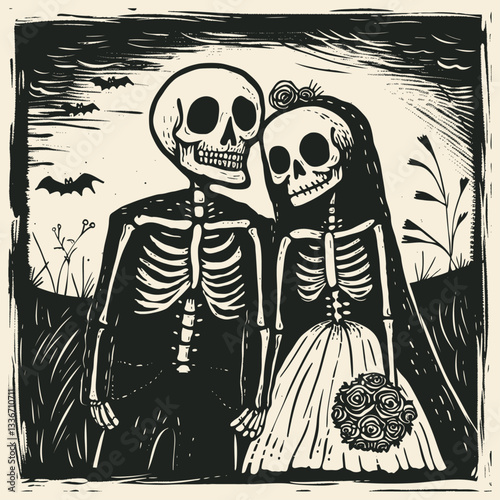 Vector illustration of skeleton bride and groom in black and white woodcut style. Gothic wedding scene with bats flying in background, grass in foreground, and moon in night sky.