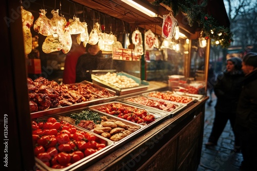 Festive food stall showcasing cured meats, sausages, and roasted vegetables photo