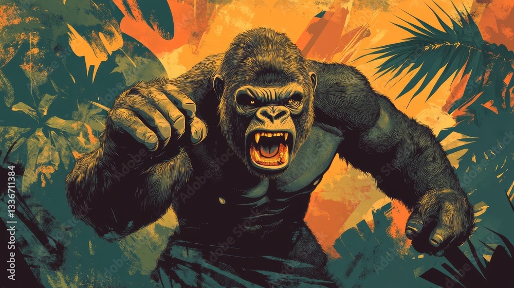 Obraz premium Fierce gorilla charging through a vibrant jungle with tropical foliage and dramatic colors in the background
