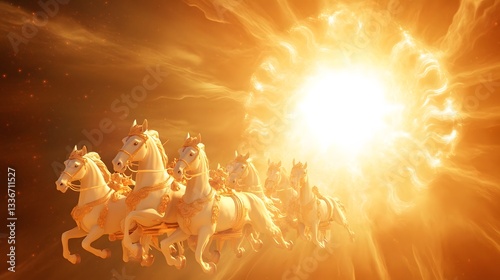 A celestial 3D rendering of Lord Surya in his golden chariot, pulled by seven horses, with radiant sunlight illuminating the scene.