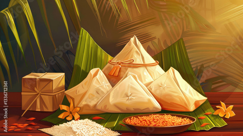 Delicious rice dumplings arranged beautifully on leaves
