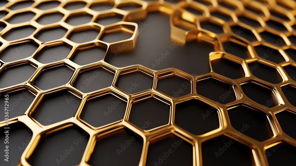 Abstract honeycomb structure with metallic gold reflections, futuristic luxury