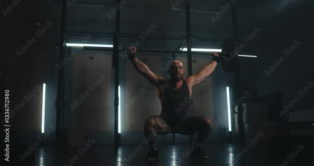 Side view of concentrated male athlete with muscles squats with raised barbell in gray gym Side view of concentrated male athlete with muscles squats with raised barbell in gray gym