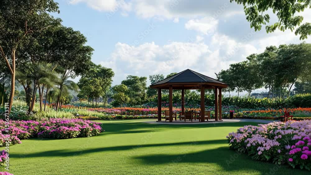 Tranquil garden wooden gazebo surrounded by vibrant blossoms on a sunny day, flowers, green grass, spring , park