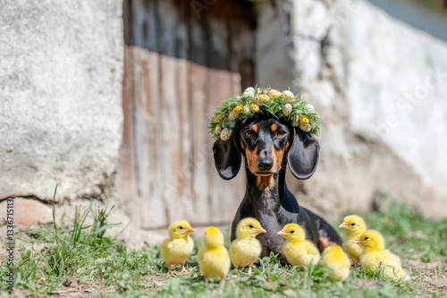 A black and tan dachshund wearing an Easter bonnet, surrounded by yellow chicks that appear to be in harmony with the dog on the green grass in front of a house.