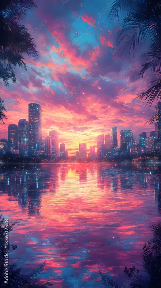 Fototapeta premium Cityscape Sunset Reflection: An urban panorama at dusk, with city skyline silhouetted against a vibrant sky reflected in calm water.