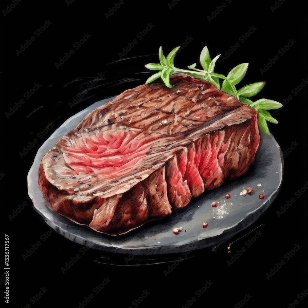 an AI Image Generator, Delicious Juicy Steak with Rosemary Garnish on a Black Plate an AI Image Generator, Delicious Juicy Steak with Rosemary Garnish on a Black Plate
