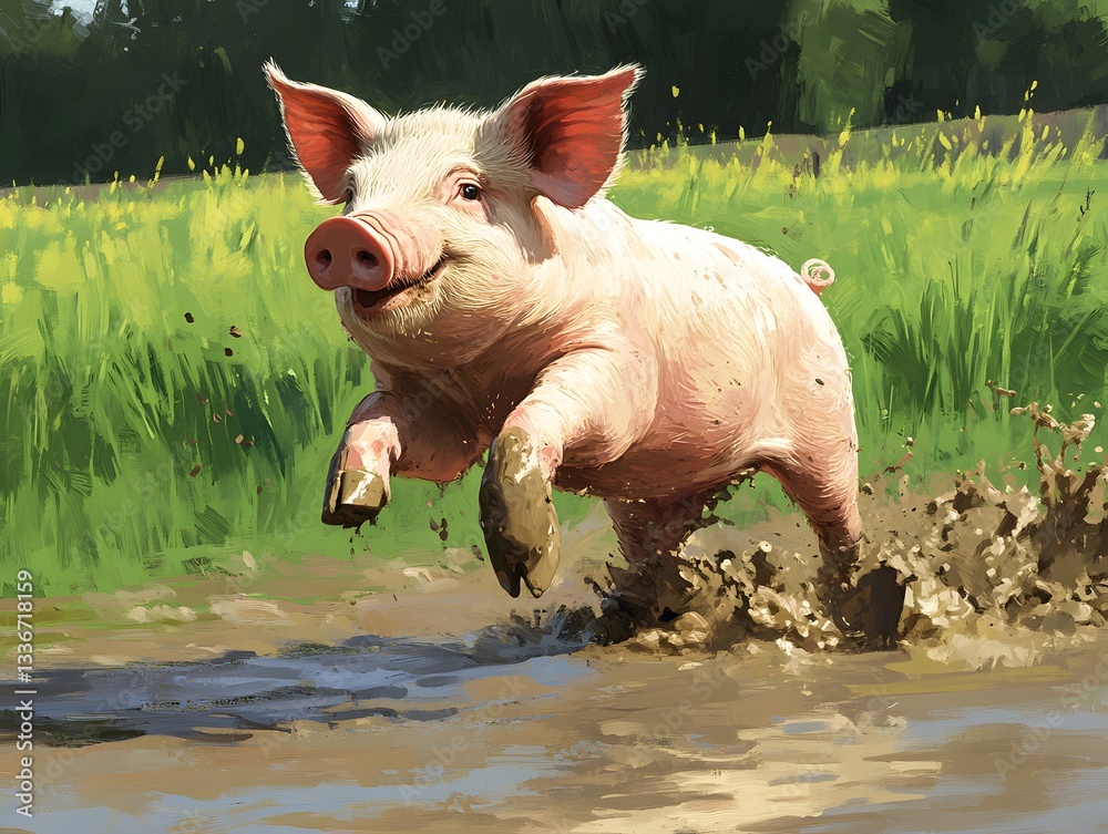 Fototapeta premium Happy Pig Running in Muddy Puddle with Grassy Field Background