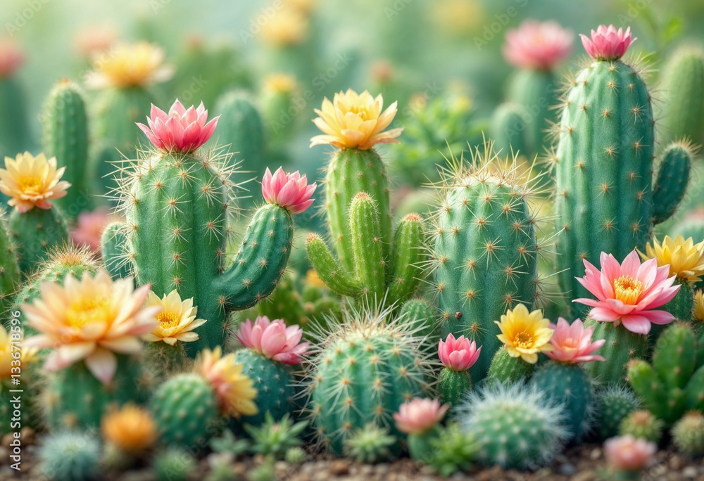 patch of cactus plants with colorful blossoms patch of cactus plants with colorful blossoms