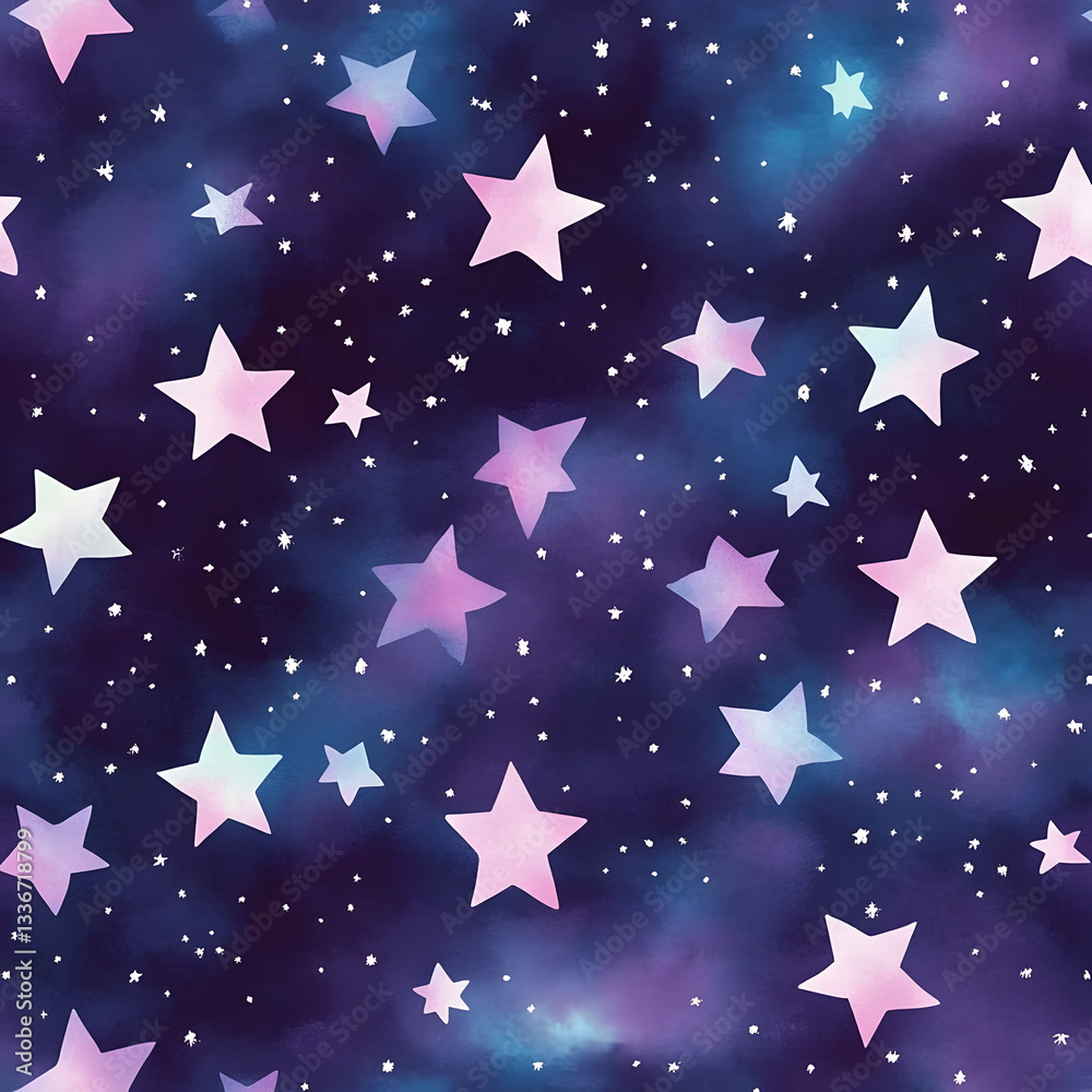 Seamless pastel star pattern on dark sky background, children's design for textile, wallpaper Seamless pastel star pattern on dark sky background, children's design for textile, wallpaper