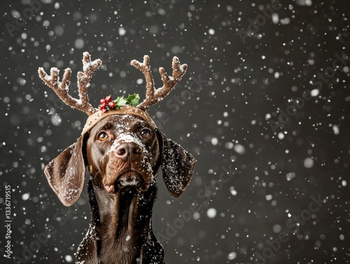 A cute German Shorthaired Pointer dog wearing a reindeer antler headband, against a black background with snow falling, in a Christmas-themed, Christmas-colored