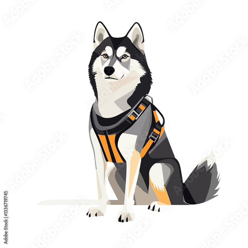 Illustration Of A Sitting Husky Dog Wearing Orange And Black Harness