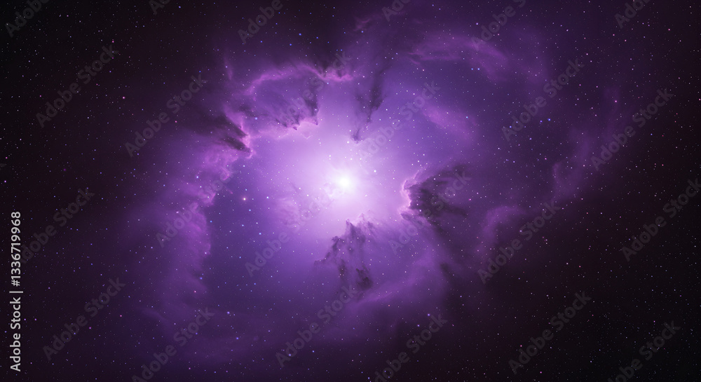 Fototapeta premium A vibrant purple nebula with a bright center surrounded by countless stars in deep space