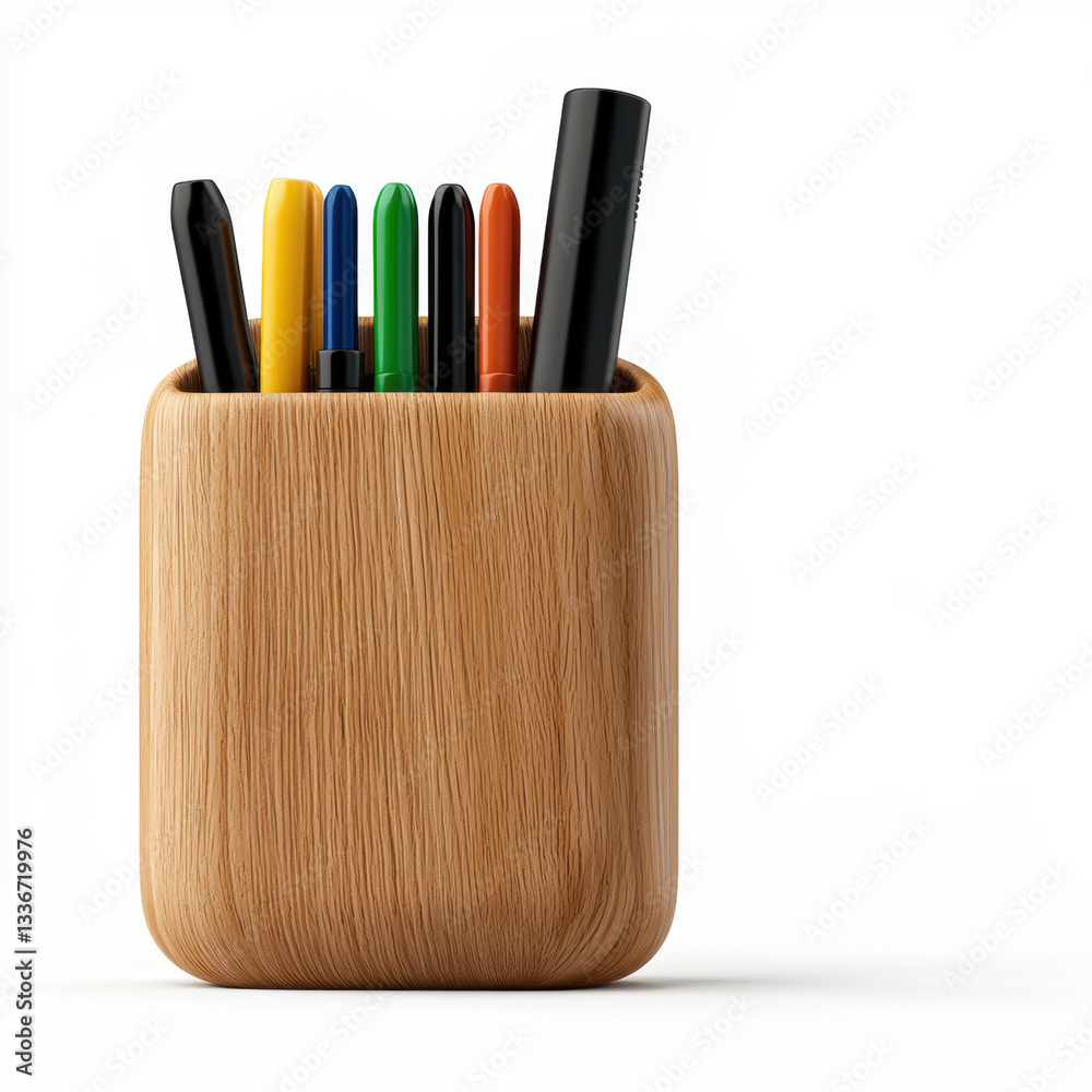 Naklejka premium Elegant photography of a wooden pen holder filled with various pens showcasing natural texture and design against a clean background for text inclusion