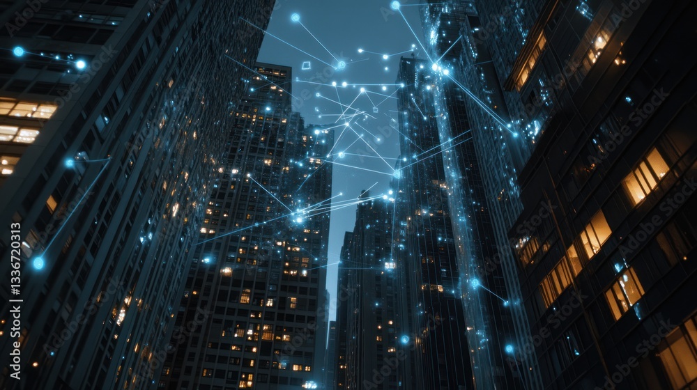 Obraz premium Night city skyscrapers connected by digital network