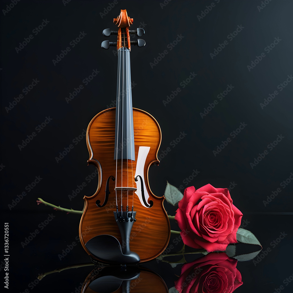 Fototapeta premium Violin and rose on black background