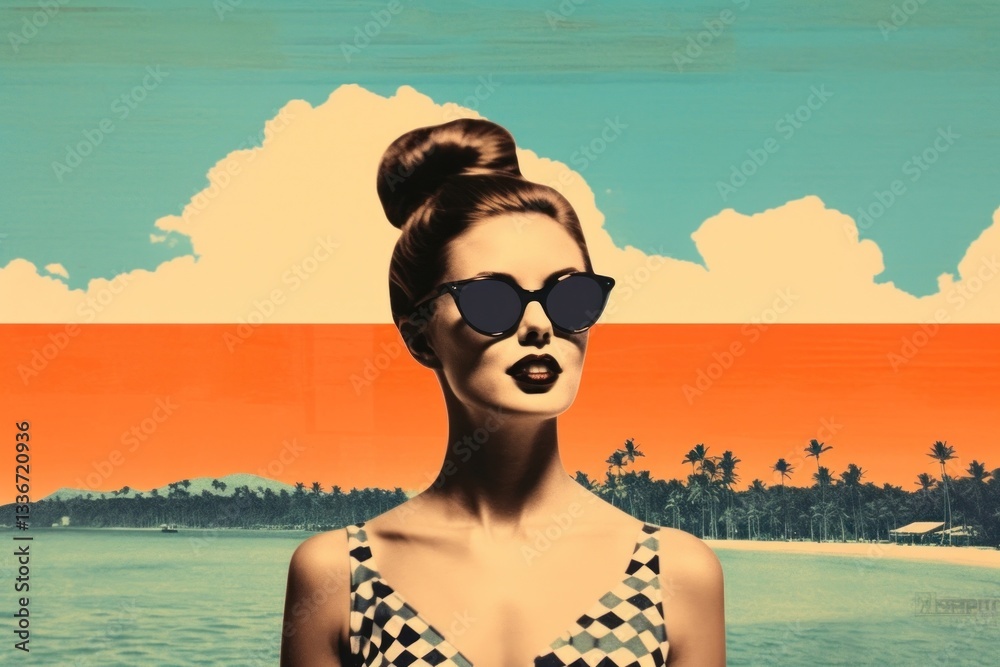 Fototapeta premium Collage Retro dreamy beach art sunglasses portrait.