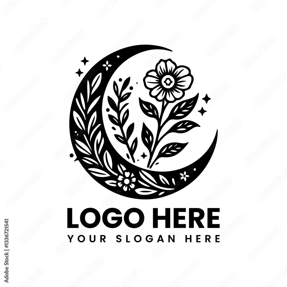 Fototapeta premium Detailed moon with floral and star elements. Classic mystical nature motif