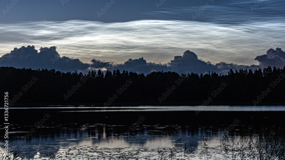 charming night landscape with silver clouds, silver clouds over the lake, dark forest silhouette in the background, mesospheric clouds