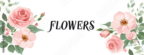 Set of floral frame vector illustration with pink roses and green leaves for wedding, party, or festival decoration, isolated on a white background. Wedding invitation with flowers and roses vector.